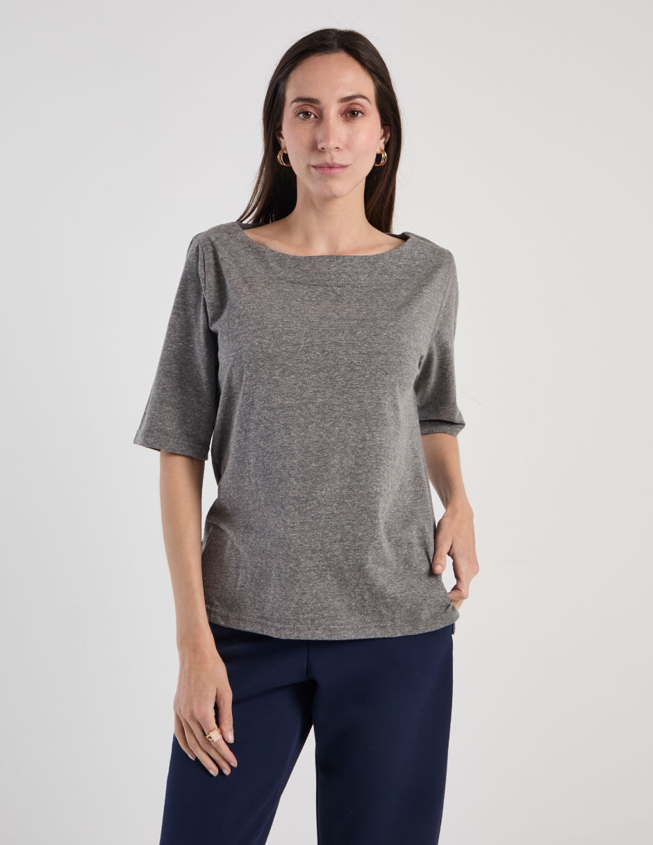 Playera manga al codo cuello redondo para mujer