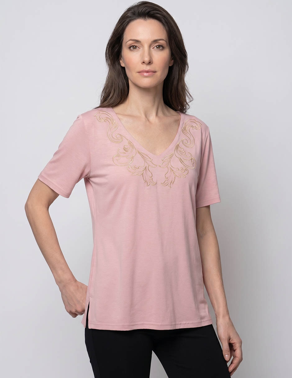 Playera manga corta cuello V para mujer