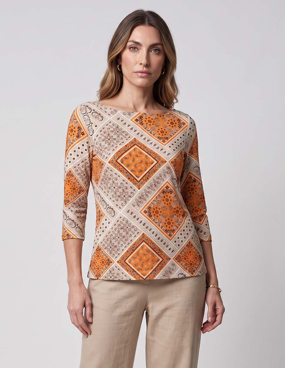 Playera manga 3/4 cuello ojal para mujer Playera manga 3/4 cuello ojal para mujer