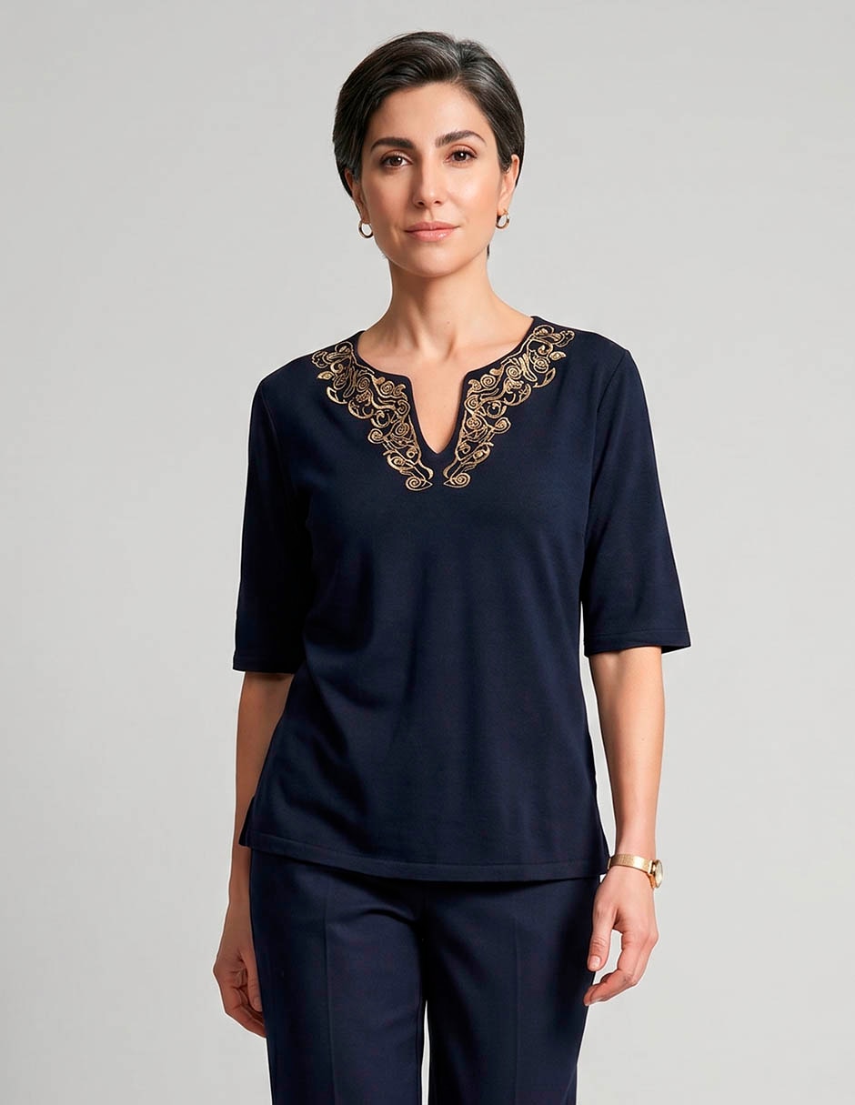 Playera manga al codo loren's cuello mao para mujer Playera manga al codo loren's cuello mao para mujer