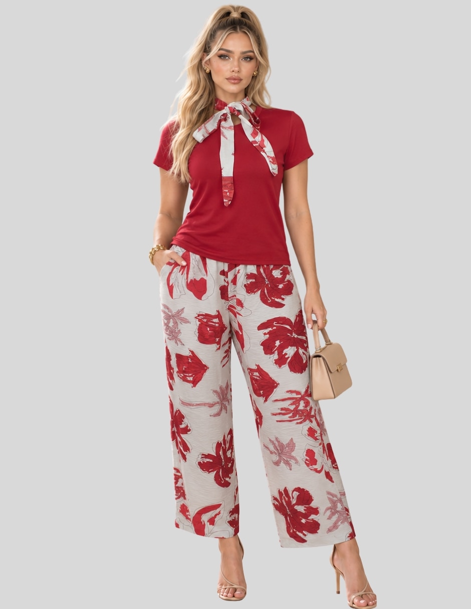 Conjunto Formal Conjunto 2 Piezas para Mujer Blusa Manga Corta y Pantalón Palazzo Floral Casual Chic de Poliéster para No aplica Mujer 1