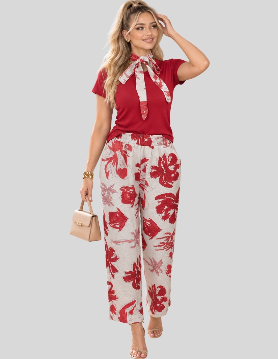 Conjunto Formal Conjunto 2 Piezas para Mujer Blusa Manga Corta y Pantalón Palazzo Floral Casual Chic de Poliéster para No aplica Mujer 2