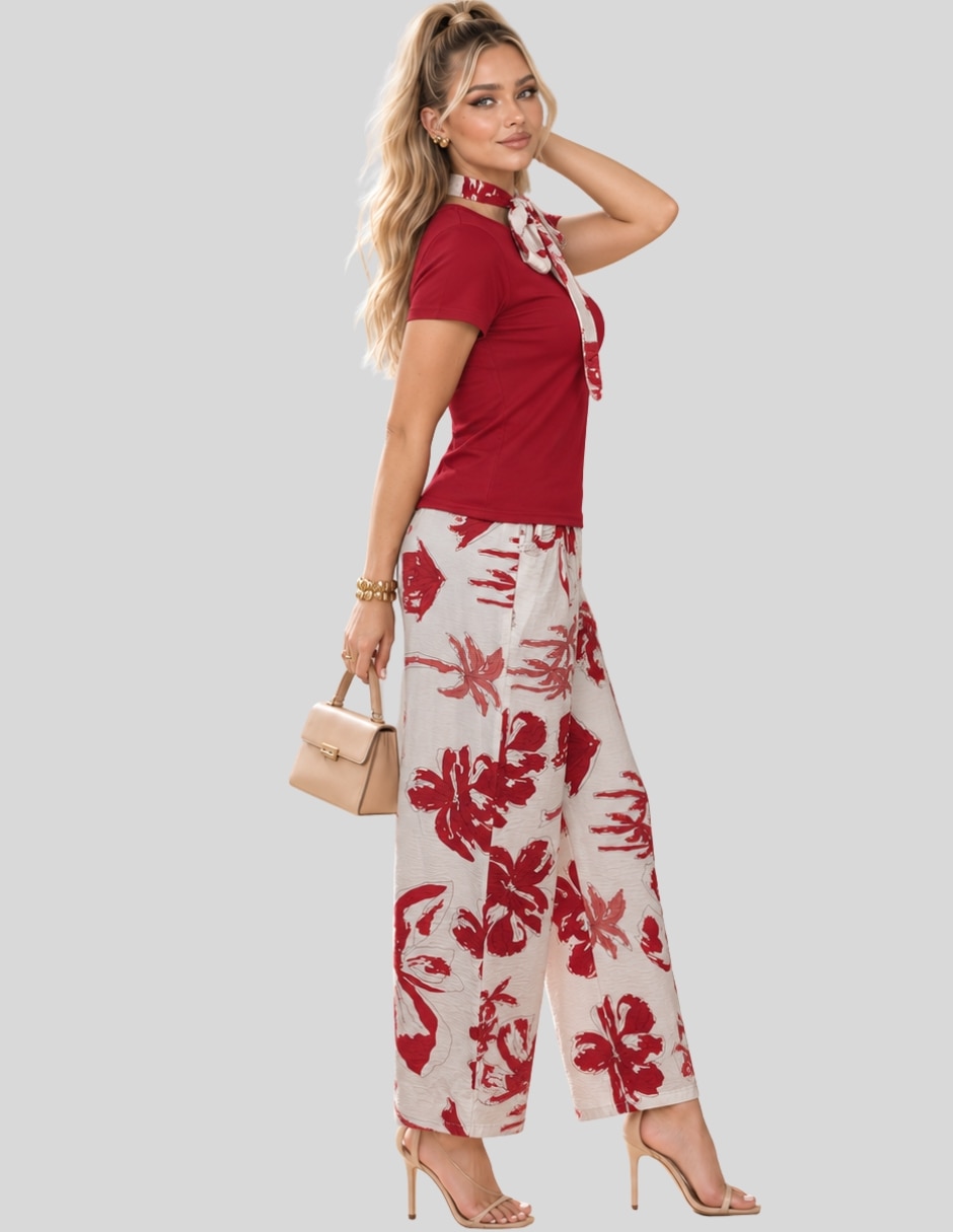 Conjunto Formal Conjunto 2 Piezas para Mujer Blusa Manga Corta y Pantalón Palazzo Floral Casual Chic de Poliéster para No aplica Mujer 3