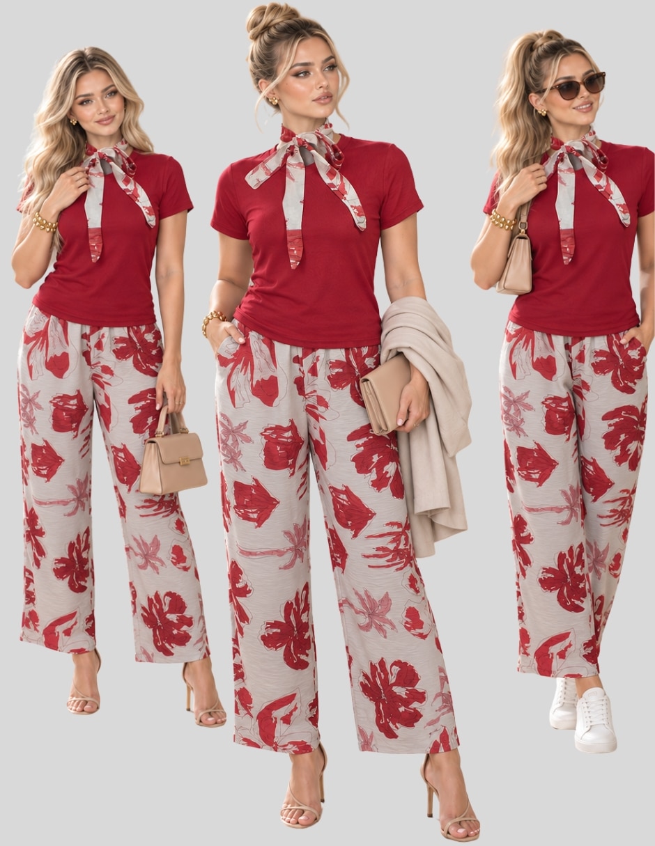 Conjunto Formal Conjunto 2 Piezas para Mujer Blusa Manga Corta y Pantalón Palazzo Floral Casual Chic de Poliéster para No aplica Mujer 6