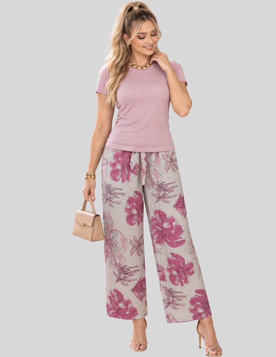 Conjunto Formal Conjunto 2 Piezas para Mujer Blusa Manga Corta y Pantalón Palazzo Floral Casual Chic de Poliéster para No aplica Mujer