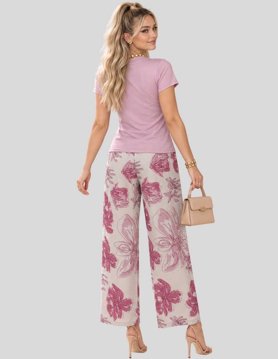 Conjunto Formal Conjunto 2 Piezas para Mujer Blusa Manga Corta y Pantalón Palazzo Floral Casual Chic de Poliéster para No aplica Mujer