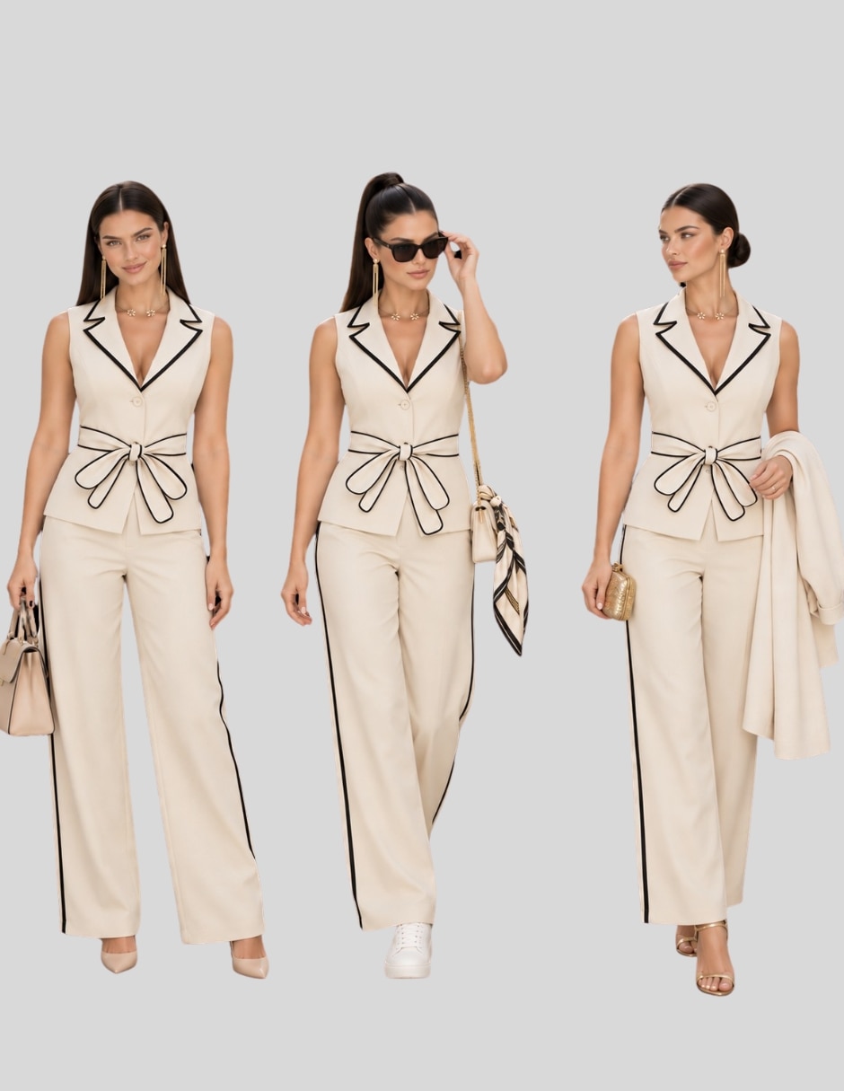 Conjunto Formal Conjunto 2 Piezas para Mujer Chaleco Elegante con Cinturón y Pantalón de Pierna Ancha Estilo Sofis de Poliéster para No aplica Mujer 4